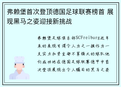 弗赖堡首次登顶德国足球联赛榜首 展现黑马之姿迎接新挑战